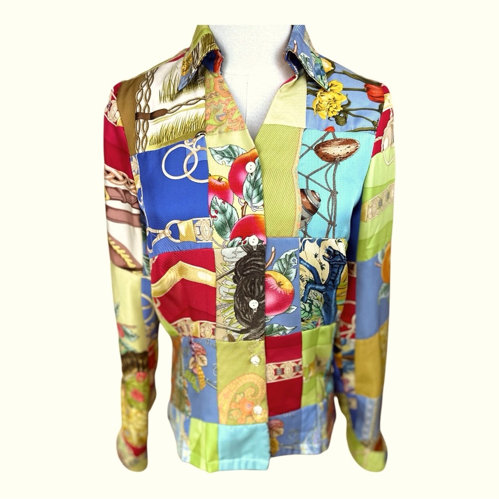 J.McLaughlin vintage‎ patchwork silk long sleeve w cuffs size 4 shirt